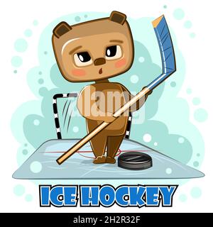 Carino orso capretto su ghiaccio. Sport invernali per bambini. Illustrazione per i bambini. Bastone e disco di hockey. Sport. Animale divertente in stile cartone animato. L'immagine è Illustrazione Vettoriale