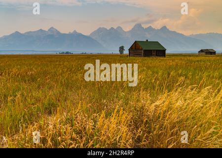 Capanna in legno nel quartiere storico di Mormon Row con la catena montuosa Teton sullo sfondo Foto Stock