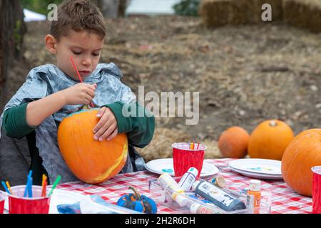 Detroit, Michigan, Stati Uniti. 23 ottobre 2021. Ottobre Fest nel quartiere Morningside ha offerto pittura di zucca e altre attività per i bambini. Credit: Jim West/Alamy Live News Foto Stock