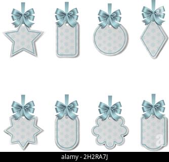 Set di tag di prezzo di natale con archi e nastri d'oro. Tag regalo inverno con texture stelle Illustrazione Vettoriale