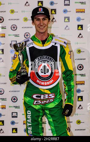 MANCHESTER, REGNO UNITO. 23 OTTOBRE Max Fricke - 3° posto durante l'evento del Peter Craven Memorial Trophy presso il National Speedway Stadium di Manchester sabato 23 Ottobre 2021. (Credit: Ian Charles | MI News) Credit: MI News & Sport /Alamy Live News Foto Stock