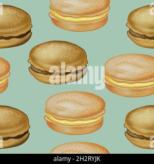 Illustrazione digitale del modello senza giunture degli alimenti: Hamburger, hamburger, sandwich, hamburger, pollo, hamburger su sfondo blu. Illustrazione di alta qualità Foto Stock