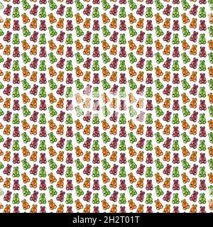 Illustrazione digitale di un modello senza giunture di caramelle di gelatina dolce sotto forma di orsacchiotti colorati su uno sfondo bianco. Illustrazione di alta qualità Foto Stock