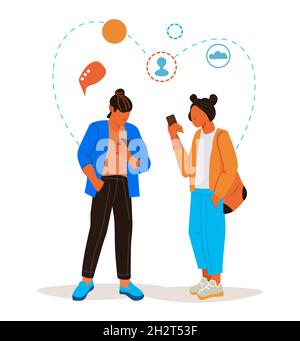 Giovani che parlano al telefono cellulare. L'uomo e la donna che comunicano attraverso la rete sociale, illustrazione vettoriale piatta isolata su sfondo bianco. Illustrazione Vettoriale