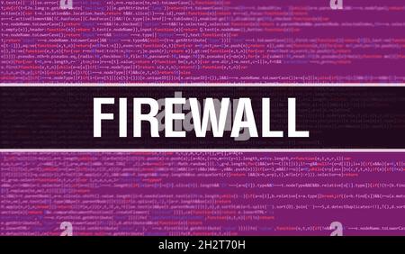 Illustrazione del concetto di firewall che utilizza il codice per lo sviluppo di programmi e app. Codice sito firewall con tag colorati in visualizzazione browser su sfondo scuro Foto Stock