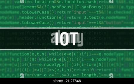 Testo IoT scritto sul background della tecnologia astratta del codice di programmazione dello sviluppatore di software e dello script del computer. Concetto IoT di codice sul monitor del computer Foto Stock