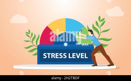 evita il livello di stress con le persone che tengono la barra di stress con un'illustrazione vettoriale moderna e piatta Foto Stock