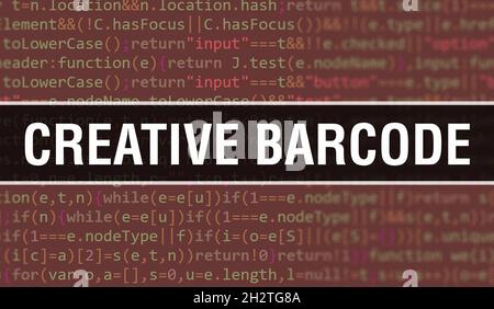 Illustrazione creativa del concetto di codice a barre utilizzando il codice per lo sviluppo di programmi e app. Codice sito Web Creative Barcode con tag colorati nella visualizzazione browser su Foto Stock