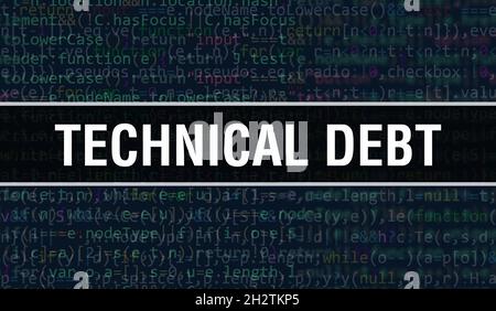Concetto di debito tecnico con parti casuali del codice di programma. Debito tecnico con codice di programmazione astratto tecnologia background di sviluppatore software AN Foto Stock