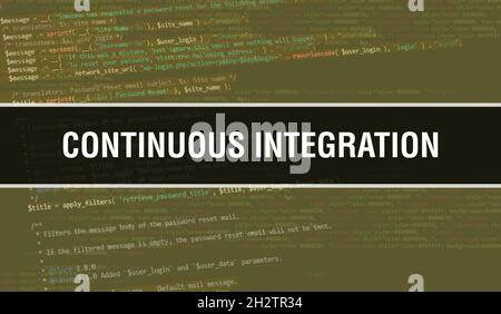 Concetto di integrazione continua con parti casuali del codice programma. Integrazione continua con il codice di programmazione astratto tecnologia background di softw Foto Stock