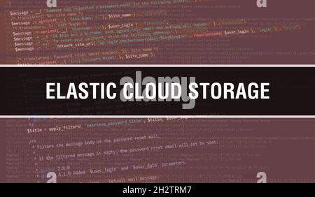 Illustrazione del concetto di archiviazione cloud elastica che utilizza il codice per lo sviluppo di programmi e app. Codice del sito web di archiviazione su cloud elastico con tag colorati in bordelli Foto Stock