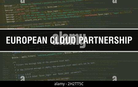 Illustrazione del concetto di European Cloud Partnership che utilizza il codice per lo sviluppo di programmi e app. Codice sito web della European Cloud Partnership con tag colorati Foto Stock