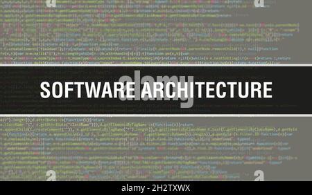 Architettura software con testo del codice Java digitale. Architettura software e concetto vettoriale di codifica software per computer. Programmazione script di codifica java, Foto Stock