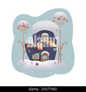 Ciao INVERNO Home Mitten con finestre, sotto la neve, fiocchi di neve, ghiande, bacche, foglie di quercia, noci. Fiaba invernale, cartolina, sfondo, sfondo, illustrazione per bambini. Illustrazione vettoriale Illustrazione Vettoriale