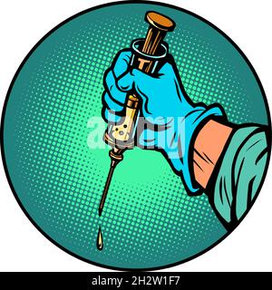 la mano del medico con una siringa di vaccinazione iniezione. Medicina e salute, protezione in una pandemia Illustrazione Vettoriale