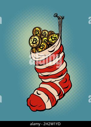 bitcoin criptovaluta denaro reddito premio profitto calza di natale per i regali Illustrazione Vettoriale