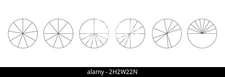 Contorni circoli divisi in 9 segmenti isolati su sfondo bianco. Forme rotonde a torta o pizza tagliate in nove fette diverse. Semplici esempi di infografica statistica. Illustrazione lineare vettoriale. Illustrazione Vettoriale
