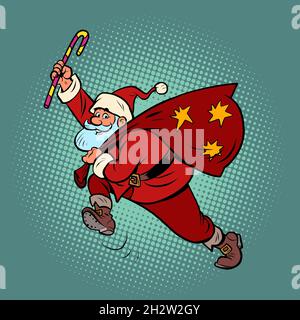 Babbo Natale con un lecca lecca e un sacco di regali è in fretta per Natale Illustrazione Vettoriale