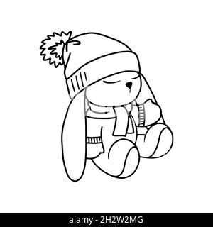 Coniglio carino in un cappello e guanti. Bella illustrazione di coniglio per cartoline, decorazioni, abbigliamento per bambini, invito, semplice bambino scandinavo Illustrazione Vettoriale