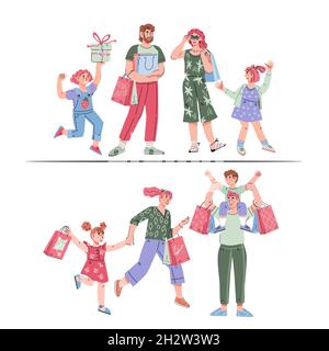 Famiglia shopping in internet negozio personaggi set. Genitori e bambini che acquistano online utilizzando il telefono cellulare e il portatile, cartoon flat vettore illustrazione i Illustrazione Vettoriale