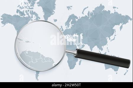 Mappa del mondo con una lente d'ingrandimento che punta a Santa Lucia. Mappa di Santa Lucia con la bandiera nel giro. Illustrazione vettoriale. Illustrazione Vettoriale
