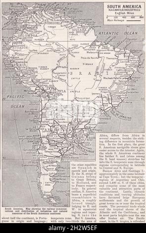 Mappa d'epoca del Sud America - Ferrovie e Industrie anni '30. Foto Stock