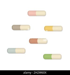 Capsule mediche a due colori isolate su sfondo bianco. Pillole colorate Illustrazione Vettoriale
