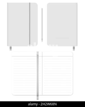 Apri e chiuda note con segnalibro a nastro e fascetta di chiusura elastica. Anteriore, coperchio posteriore, spandimento. Diario rivestito. Modello vettoriale Illustrazione Vettoriale