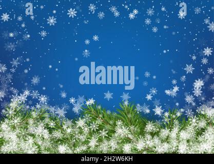 Rami di albero di Natale su sfondo blu con fiocchi di neve che cadono bianchi. Buon Natale e buon anno biglietto di auguri. Elemento decorativo per le vacanze Illustrazione Vettoriale