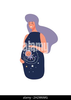 Cute spazio donna incinta. Astronauta bambino nel grembo con stelle. Divertente illustrazione vettoriale cartoon isolato su sfondo bianco. Maternità e pregna Illustrazione Vettoriale