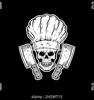 Illustrazione del cranio dello chef e dei pezzi di carne. Elemento di design per logo, etichetta, segno, emblema. Illustrazione vettoriale, illustrazione del cranio dello chef e della carne c Illustrazione Vettoriale