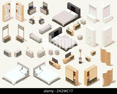 Set di mobili per la casa isometrici vettoriali. Mobili e attrezzature per uso domestico. Sedie, lampade, armadietti, sgabelli per letti ed altri mobili Illustrazione Vettoriale