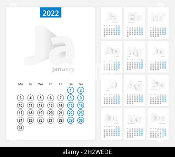 Calendario 2022, disegno a cerchio blu. Lingua inglese, la settimana inizia il lunedì Illustrazione Vettoriale