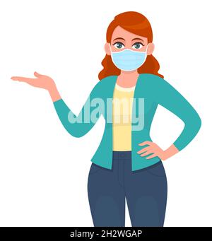 Giovane ragazza che indossa maschera medica e la mano di presentazione per copiare spazio. Donna alla moda che copre la protezione del viso da epidemie e introduce qualcosa. Illustrazione Vettoriale