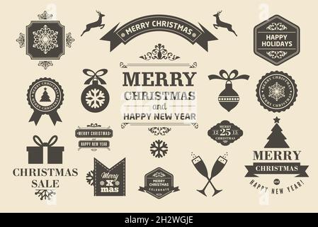 Nuovo anno retro icone, elementi etichette e Illustrazione impostare frasi scritte per Natale Illustrazione Vettoriale