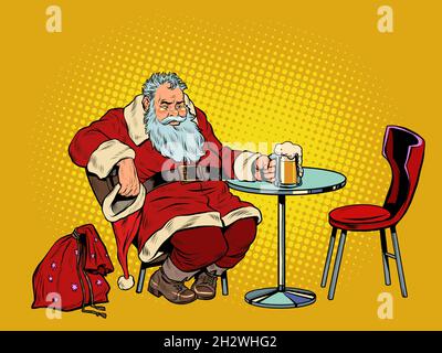 Babbo Natale beve birra al bar, Natale dopo il lavoro Illustrazione Vettoriale