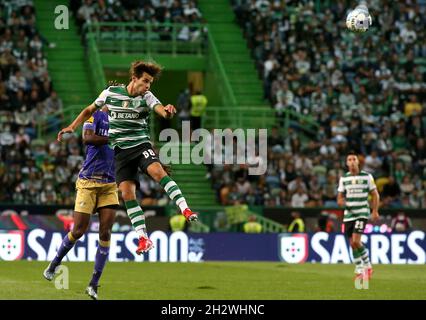 LISBONA, PORTOGALLO - OTTOBRE 23: Daniel Braganca di Sporting CP testa la palla, durante la partita Liga Portugal Bwin tra Sporting CP e Moreirense FC all'Estadio Jose Alvalade il 23 Ottobre 2021 a Lisbona, Portogallo. (Foto tramite MB Media) Foto Stock