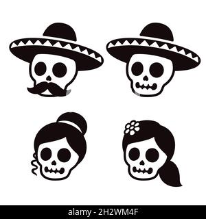 Cartoon dia de los Muertos (giorno dei morti) insieme della famiglia del cranio messicano. Teschi maschi in sombrero con baffi e femmine. Semplice vettore bianco e nero Illustrazione Vettoriale