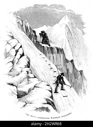 Un'illustrazione del 1859 intitolata "per Nives sempiternas Rupesque tremendas" (attraverso la neve eterna e le spaventose scogliere). Raffigura due alpinisti del XIX secolo che scendono una parete di montagna. Uno sta tagliando i passi nel ghiaccio con la sua ascia mentre il suo compagno lo sostiene con una corda. Foto Stock