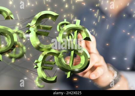 Una mano maschile che punta ai simboli illustrati euro e dollaro Foto Stock