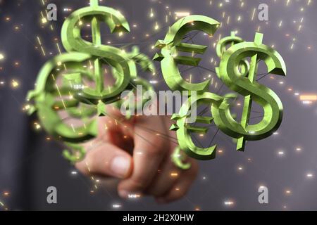 Una mano di un maschio che punta alle fatture illustrate dell'euro e del dollaro Foto Stock