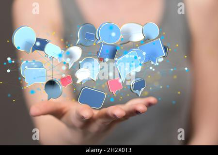 Una mano maschile che punta alle icone dei messaggi illustrate Foto Stock