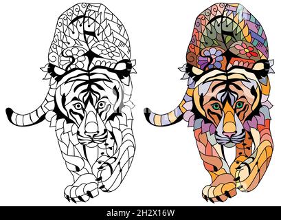 Zentangle Tiger per il design di t-shirt, tatuaggio e altre decorazioni. Set di colori e contorni. Illustrazione Vettoriale