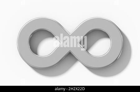 Simbolo Infinity 3d argento isolato ortogonale con ombra su sfondo bianco - rendering 3d Foto Stock