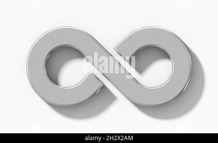 Simbolo Infinity 3d argento isolato ortogonale con ombra su sfondo bianco - rendering 3d Foto Stock