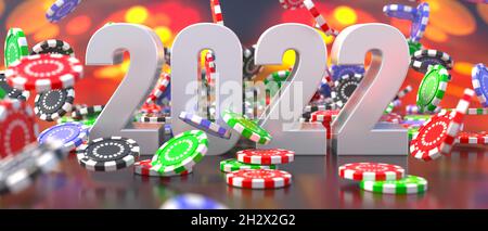 2022 festeggiamenti di nuovo anno, fiches di poker del casino che cadono sfondo. Gioco d'azzardo, scommesse e giochi d'azzardo concetto di probabilità, illustrazione 3d Foto Stock