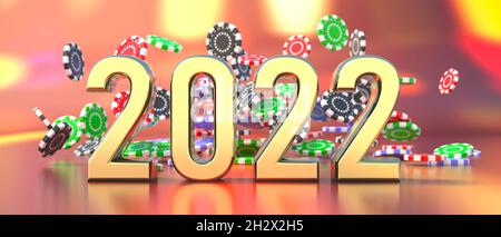 2022 festeggiamenti di nuovo anno, fiches di poker del casino che cadono sfondo. Gioco d'azzardo, scommesse e giochi d'azzardo concetto di probabilità, illustrazione 3d Foto Stock