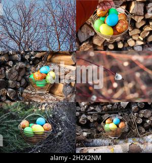 Collage pasquale con uova colorate e rami di alberi Foto Stock