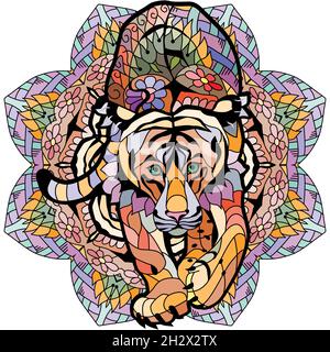 Tiger Zentangle con mandala per t-shirt design, tatuaggio e altre decorazioni Illustrazione Vettoriale