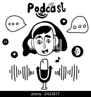 Concetto di podcast. Ragazza in cuffie e badge, podcaster parla nel microfono. Set di illustrazioni sul podcasting in stile doodle disegnato a mano Illustrazione Vettoriale